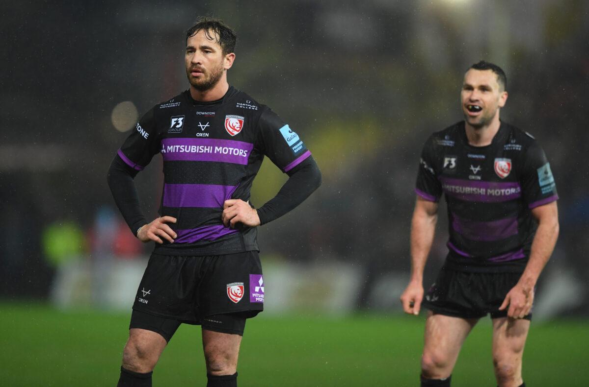 Danny Cipriani (L) of Gloucester Rugby and Tom Marshall of Gloucester Rugby during the Gallagher Premiership Rugby match between Gloucester Rugby and Exeter Chiefs at Kingsholm Stadium in Gloucester, England, on Feb. 14, 2020. (Harry Trump/Getty Images)