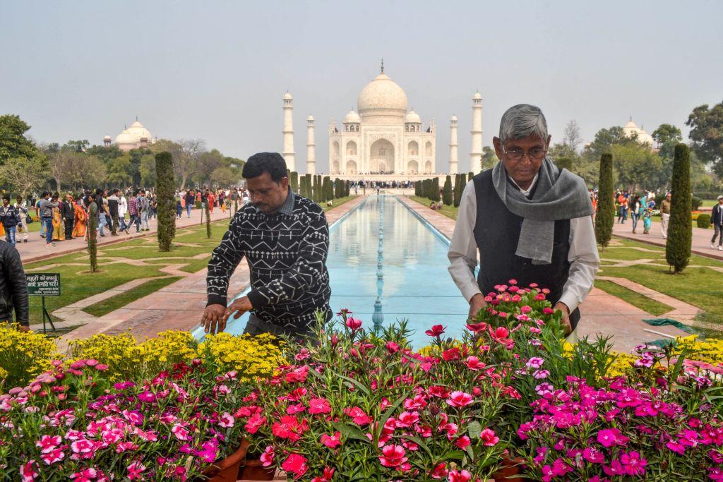Workers plant and install new flowers in front of the Taj Mahal in Agra on Feb. 22, 2020, ahead of U.S. President Donald Trump's visit in India. (Pawan Sharma/AFP via Getty Images)