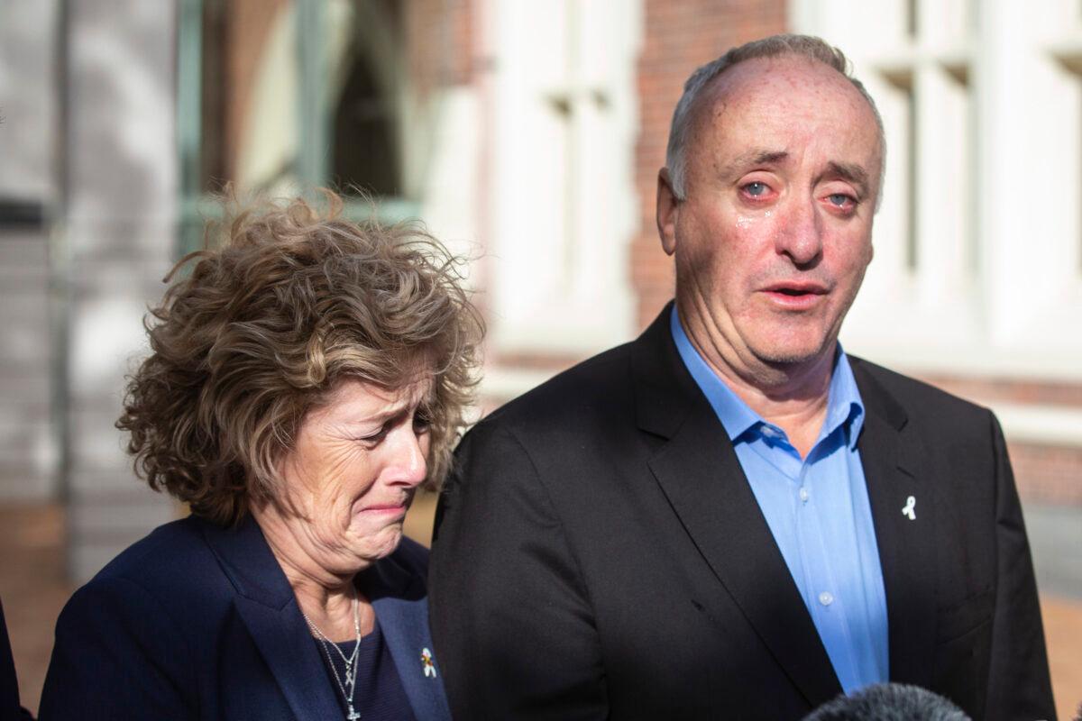 Parents of murdered British backpacker Grace Millane, Dave and Gillian speak to the media outside the High Court, in Auckland, New Zealand on Friday, Nov. 22, 2019. (Jason Oxenham/New Zealand Herald via AP, File)