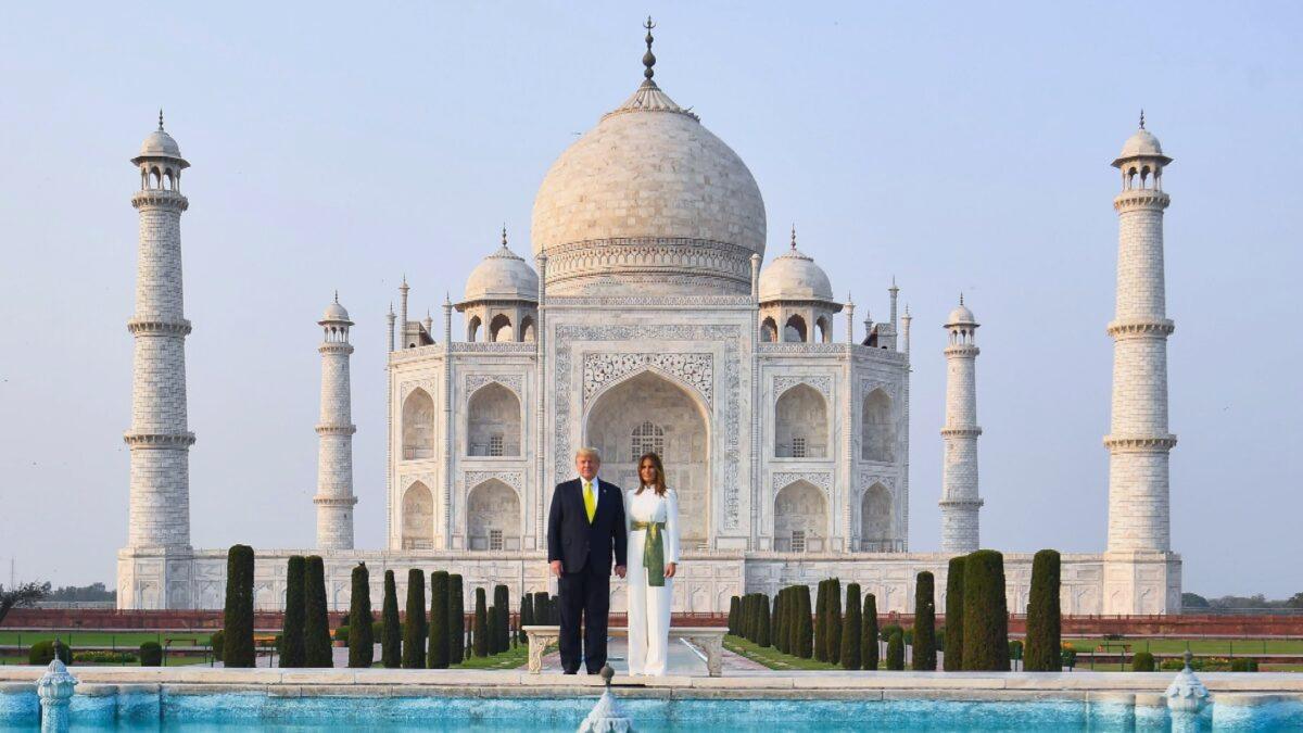U.S. President Donald Trump and First Lady Melania Trump pose as they visit the Taj Mahal in Agra, India, on Feb. 24, 2020. (Mandel Ngan/AFP/Getty Images)