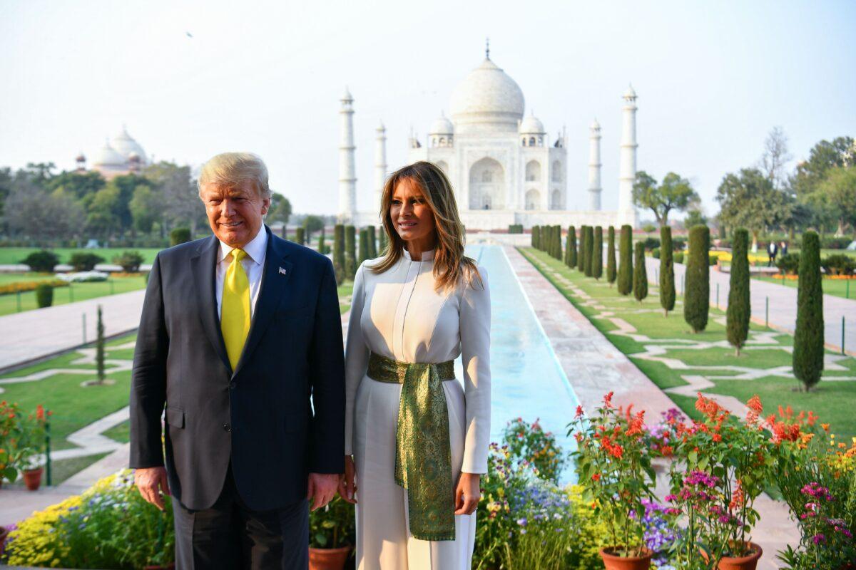 U.S. President Donald Trump and First Lady Melania Trump pose as they visit the Taj Mahal in Agra, India, on Feb. 24, 2020. (Mandel Ngan/AFP via Getty Images)