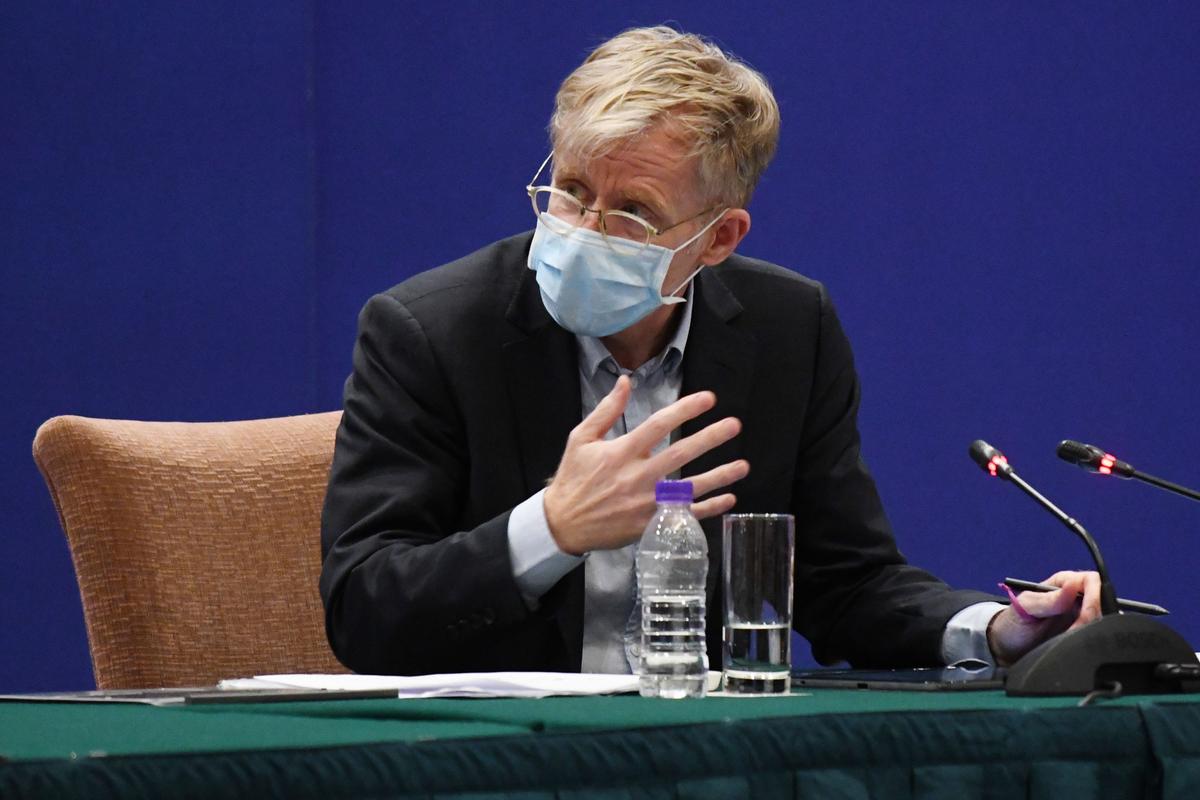 Bruce Aylward, head of the WHO-China Joint Mission on COVID-19 speaks at a press conference about the COVID-19 coronavirus outbreak in Beijing, China, on Feb. 24, 2020. (Matthew Knight/AFP via Getty Images)