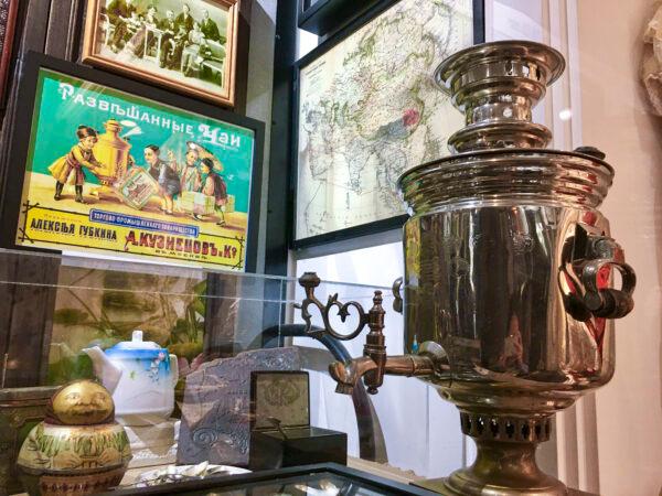 A copper-colored samovar, a traditional Russian teakettle, on display at the Russian Center of San Francisco on Feb. 22, 2020. (Ilene Eng/The Epoch Times)