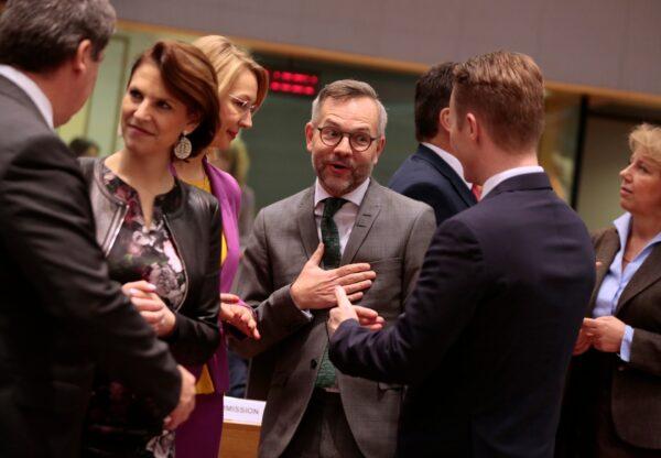 From left, Slovak State Secretary at the Foreign Ministry Frantisek Ruzicka, Austrian Minister for European Union Affairs Karoline Edtstadler, Finland Minister for European Affairs Tytti Tuppurainen, and German Minister of State for European Affairs Michael Roth attend a meeting of EU General Affairs ministers at the European Council building in Brussels, Belgium, on Feb. 25, 2020. (Virginia Mayo/AP Photo)