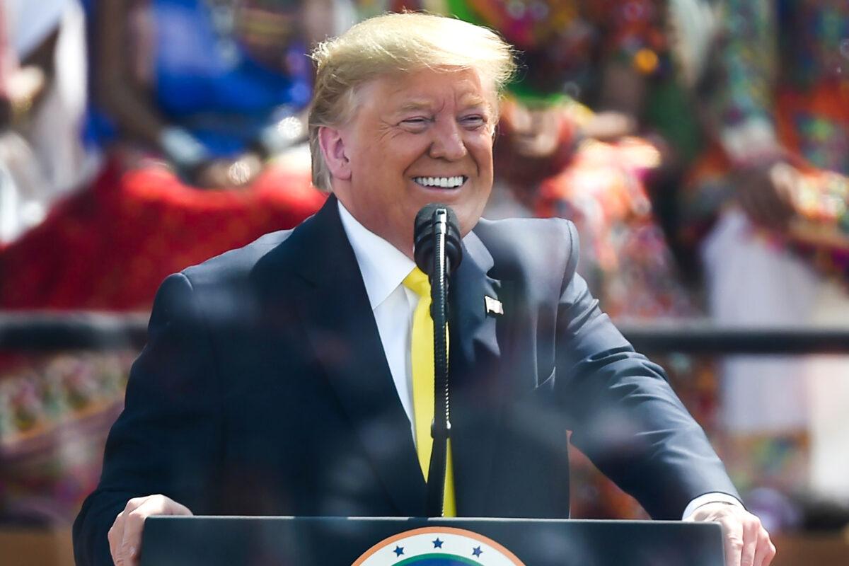 President Donald Trump smiles while addressing the 'Namaste Trump' rally at Sardar Patel Stadium in Motera, on the outskirts of Ahmedabad, India, on Feb. 24, 2020. (Money Sharma/AFP via Getty Images)