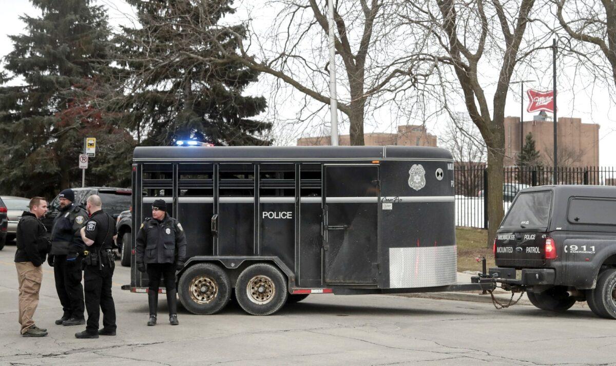 Police work outside the Molson Coors Brewing Co. campus in Milwaukee on Feb. 26, 2020, after reports of a possible shooting. (Morry Gash/AP Photo)