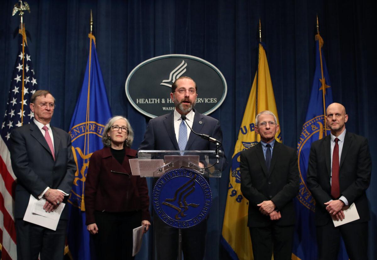 HHS Secretary Alex Azar speaks about the coronavirus during a press briefing on the administration's response to COVID-19 at the Department of Health and Human Services headquarters in Washington on Feb. 25, 2020. (Mark Wilson/Getty Images)
