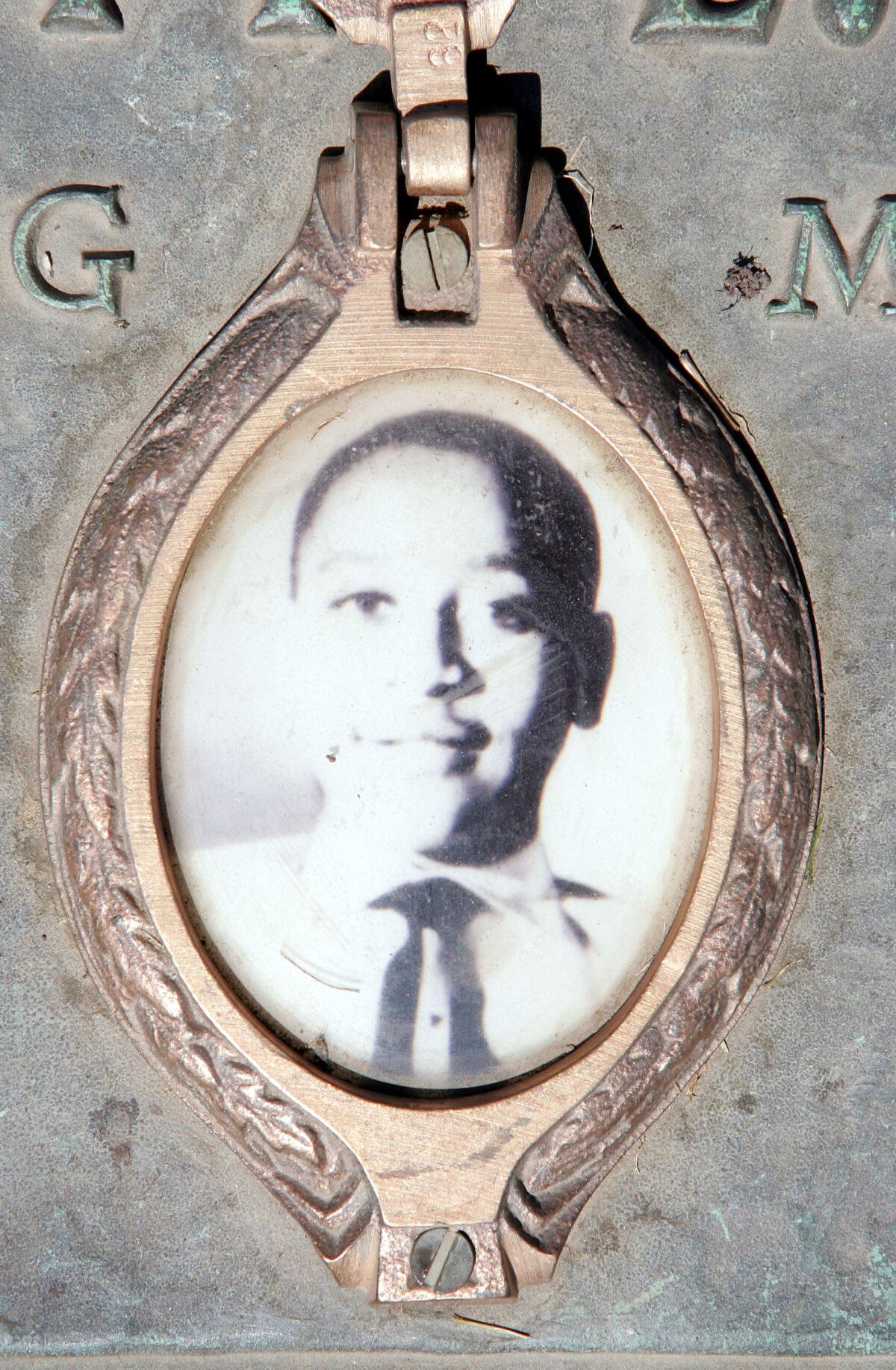 A photo of Emmett Till is included on the plaque that marked his gravesite in Illinois. (Scott Olson/Getty Images)