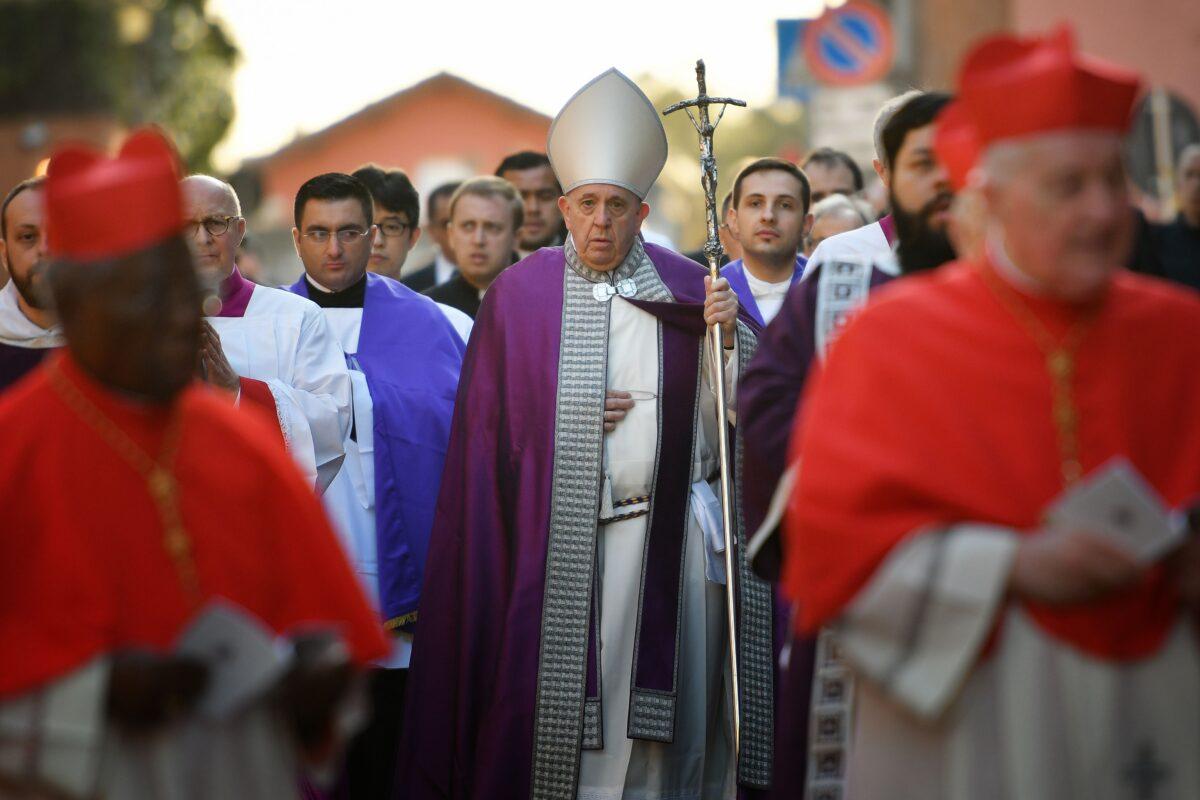Pope Francis arrives leads the Ash Wednesday mass which opens Lent, the forty-day period of abstinence and deprivation for Christians before Holy Week and Easter, on February 26, 2020, at the Santa Sabina church in Rome. (ALBERTO PIZZOLI/AFP via Getty Images)
