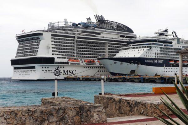 MSC Meraviglia cruise ship (L) is seen in Cozumel, Mexico, on Feb. 27, 2020. (Jose Castillo/AFP via Getty Images)