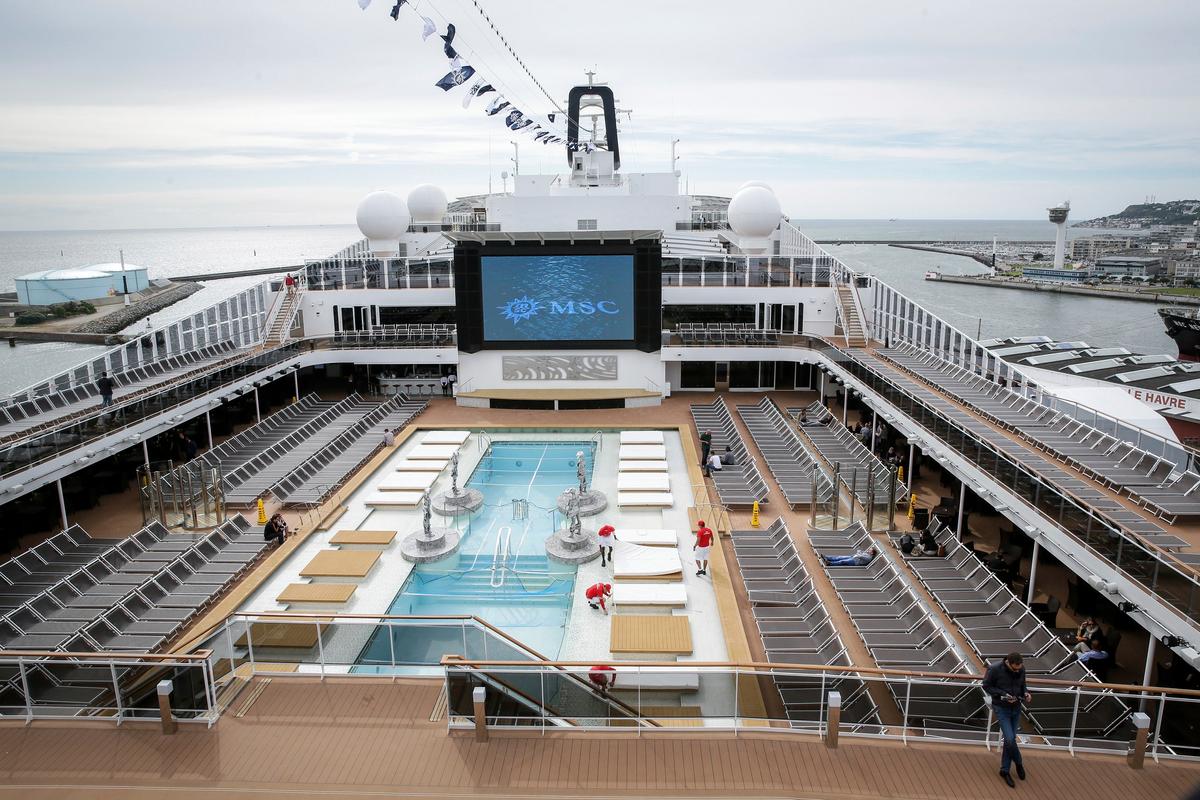 This June 3, 2017 file photo shows the upper deck pool area of the MSC Meraviglia cruise ship docked in Le Havre harbour, Normandy, France. (Thomas Padilla/AP Photo)