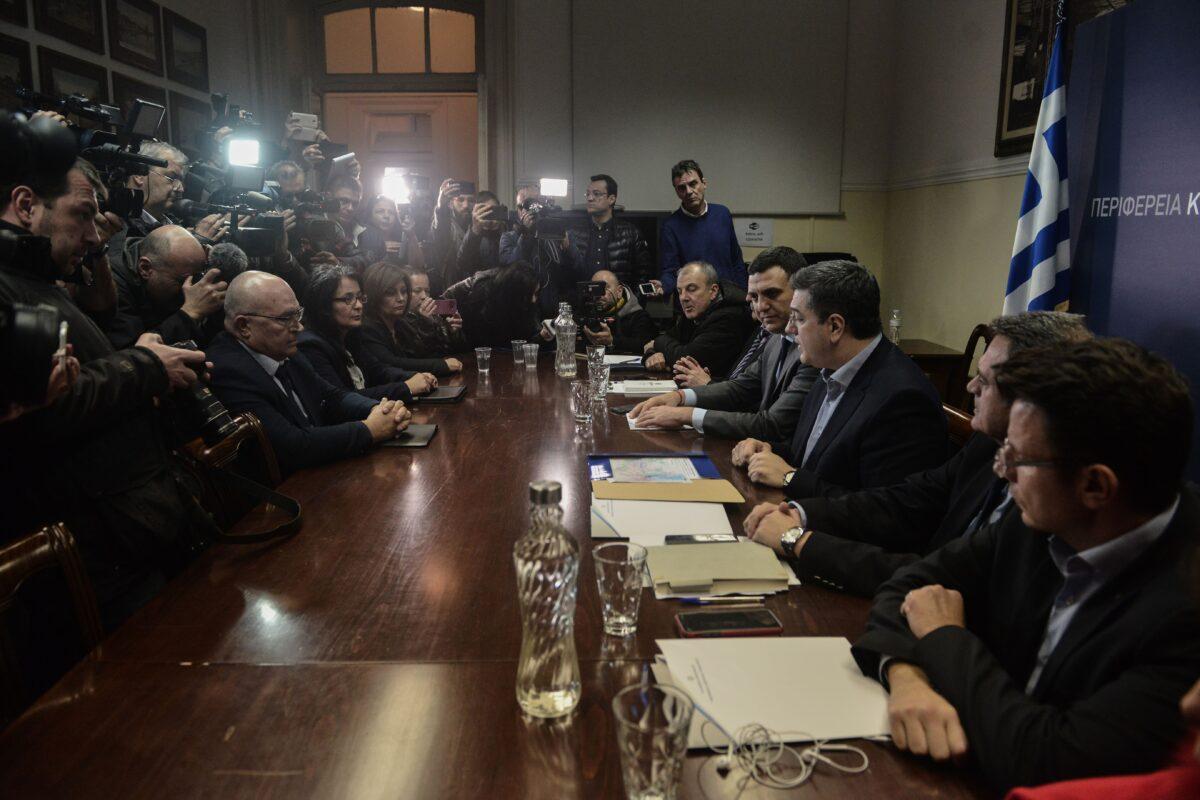 Greek Health Minister Vassilis Kikilias (C-R) speaks during a meeting in Thessaloniki, in the region of Central Macedonia, on Feb. 26, 2020. Greece on Feb. 26, 2020, reported its first coronavirus case, a woman who had recently travelled to northern Italy. (Sakis Mitrolidis/AFP via Getty Images)