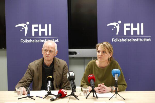 Area Director Geir Bukholm and Department Director Line Vold of the Institute of Public Health hold a press conference on the first coronavirus case in Oslo, Norway, on Feb. 26, 2020. (Terje Bendiksby/NTB Scanpix/AFP via Getty Images)