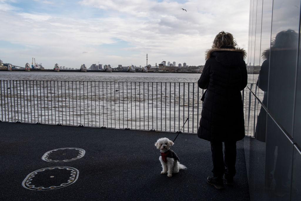 LONDON, ENGLAND - FEBRUARY 10: A woman watches the Thames Barrier being raised due to a forecast tidal surge following Storm Ciara at River Thames on Feb. 10, 2020, in London, England. (Chris J Ratcliffe/Getty Images)