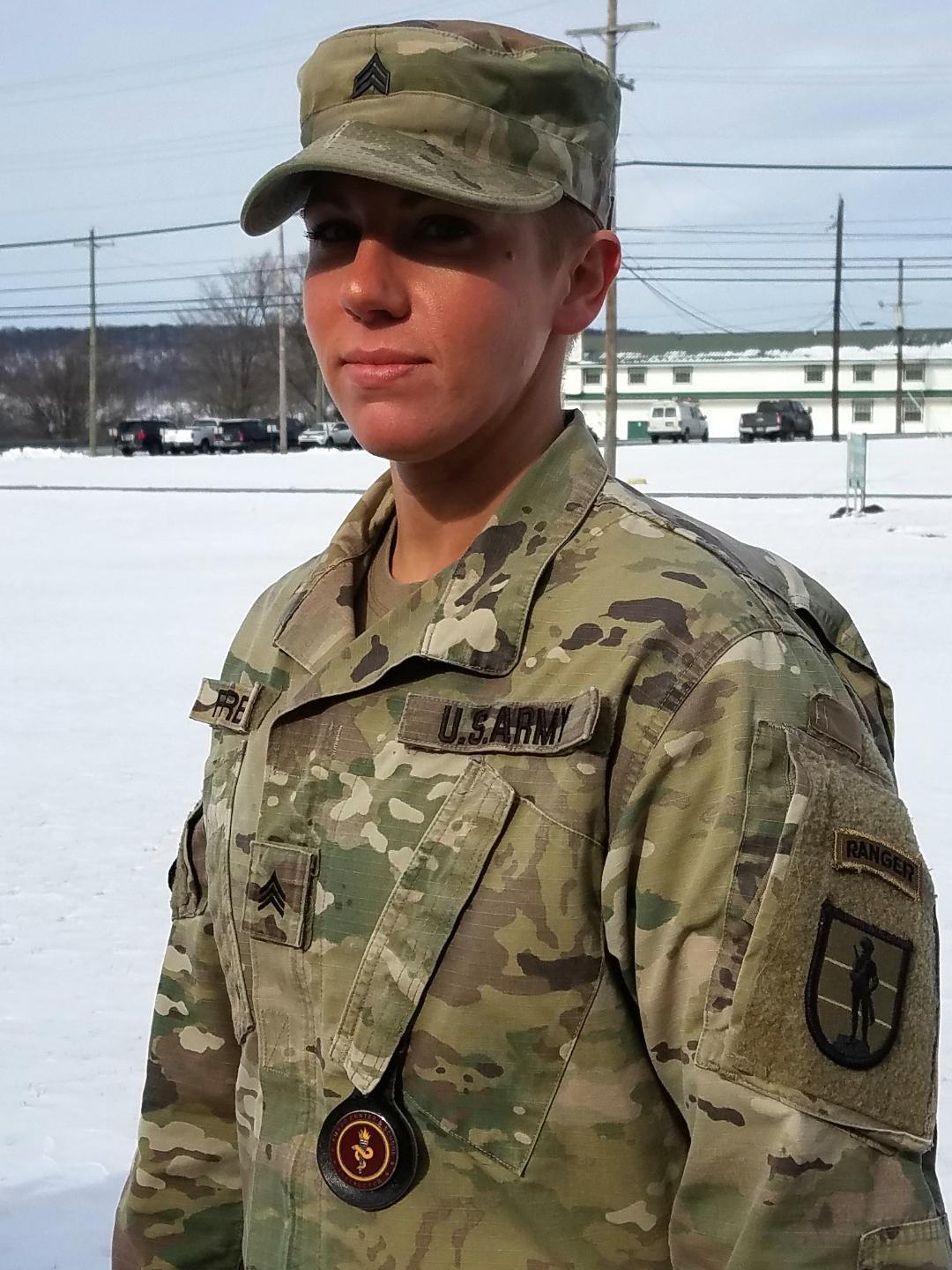 Sgt. Danielle Farber at Fort Indiantown Gap in Lebanon County, Pennsylvania, displays her Ranger tab on Jan. 9, 2020. (<a href="https://www.dvidshub.net/image/6018366/female-pa-guard-soldier-recounts-ranger-school-experience">Brad Rhen</a>/U.S. Army National Guard)