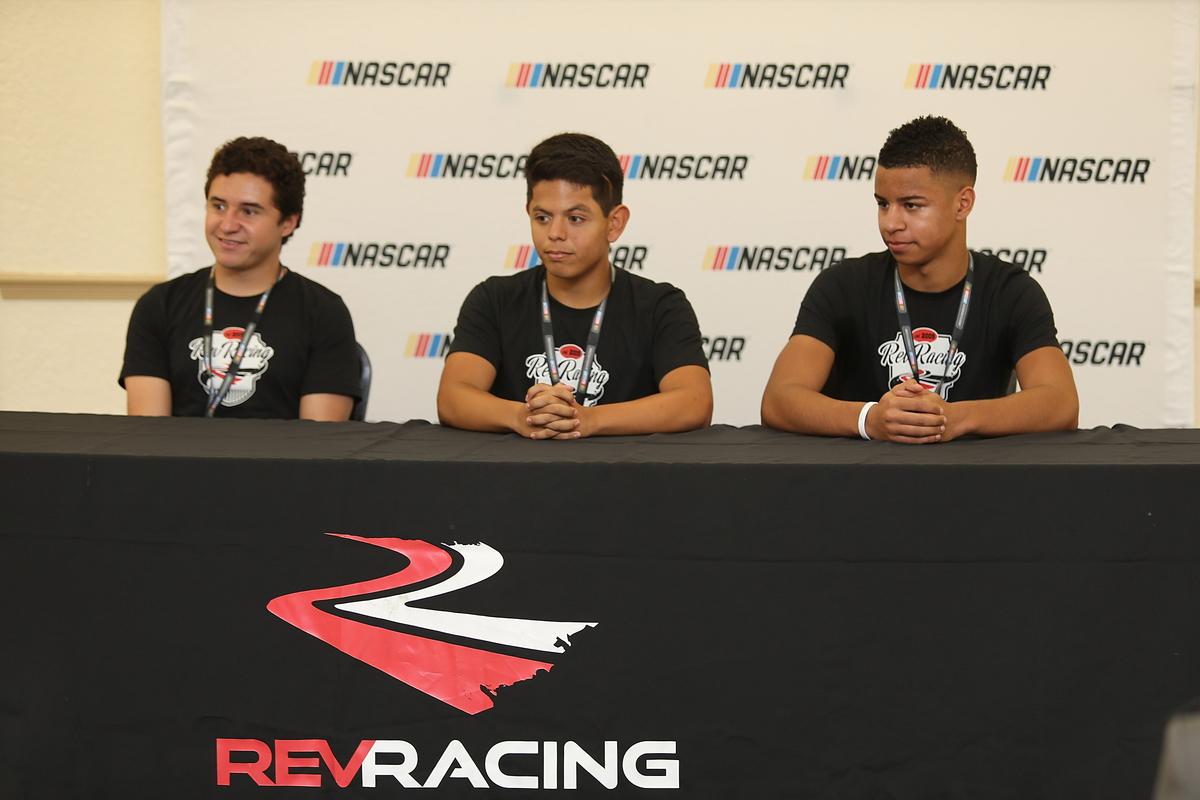 NASCAR Drive for Diversity participants Fabian Welter (L), Ryan Vargas (C), and Armani Williams (R) at Bethune Cookman University in Daytona Beach, Florida, on Oct. 16, 2017 (Jerry Markland/Getty Images for NASCAR)