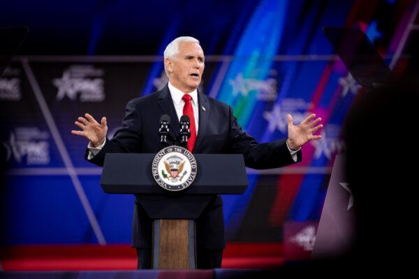 Vice President Mike Pence speaks at the CPAC convention in National Harbor, Md., on Feb. 27, 2020. (Samira Bouaou/The Epoch Times)