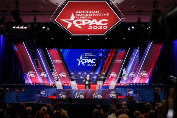 Vice President Mike Pence speaks at the CPAC convention in National Harbor, Md., on Feb. 27, 2020. (Samira Bouaou/The Epoch Times)