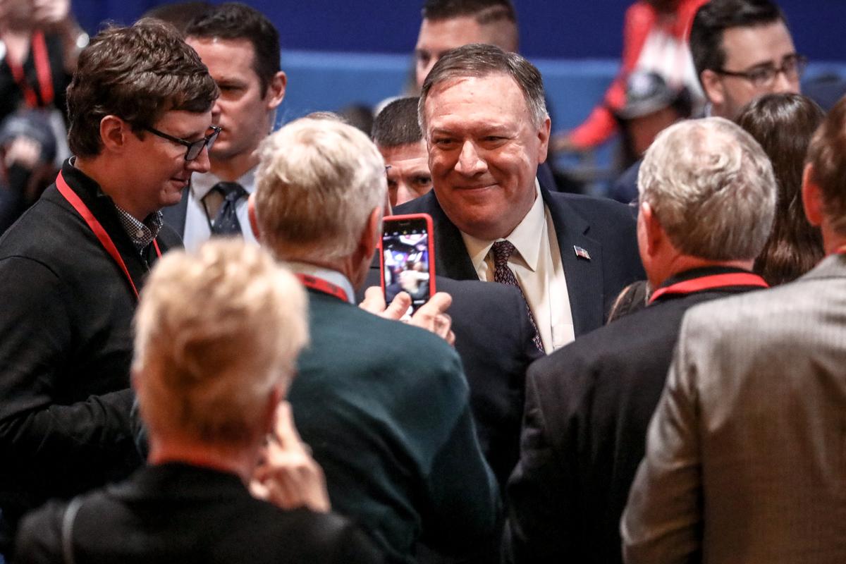 Secretary of State Mike Pompeo speaks to and takes photos with audience members at the CPAC convention in National Harbor, Md., on Feb. 28, 2020. (Samira Bouaou/The Epoch Times)