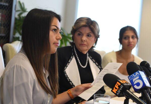 Attorney Gloria Allred (C) with University of Southern California (USC) students Daniella Mohazab (L) and Anika Narayanan (R) announce that the medical license of USC gynecologist Dr. George Tyndall has been suspended after multiple allegations of 'sexually inappropriate conduct' against him, in Los Angeles, Calif., on August 29, 2018. (Mark Ralston/AFP via Getty Images)
