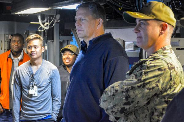 James F. Geurts, assistant secretary of the Navy for research, development and acquisition (ASN RDA), recently visited the USS Dewey (DDG 105) and spoke to the ship’s company about the quick progress made on the ODIN installation. (Photo by U.S. Navy/Naval Sea Systems Command)