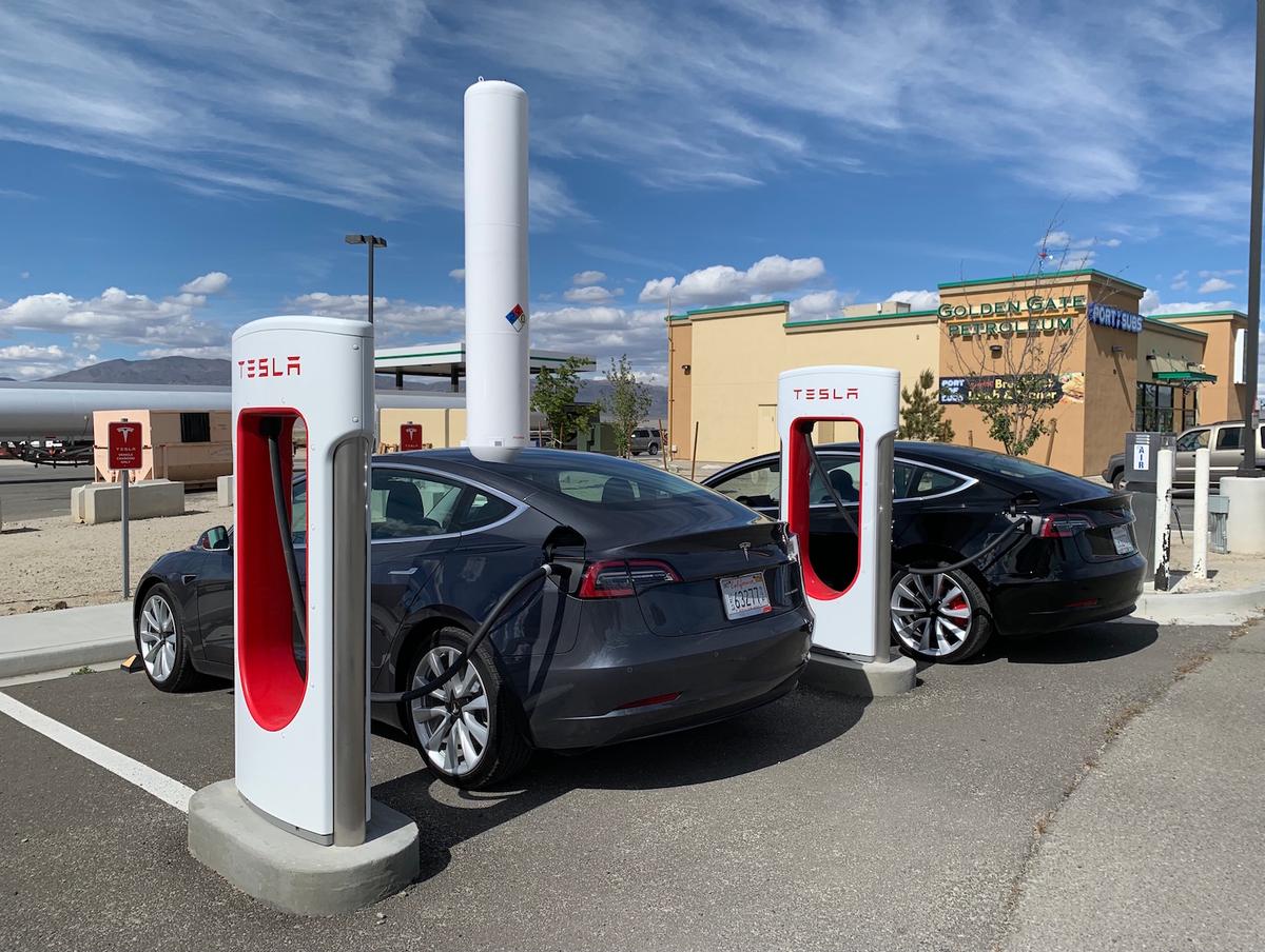 At a Tesla Supercharger station. (Skye Sherman)