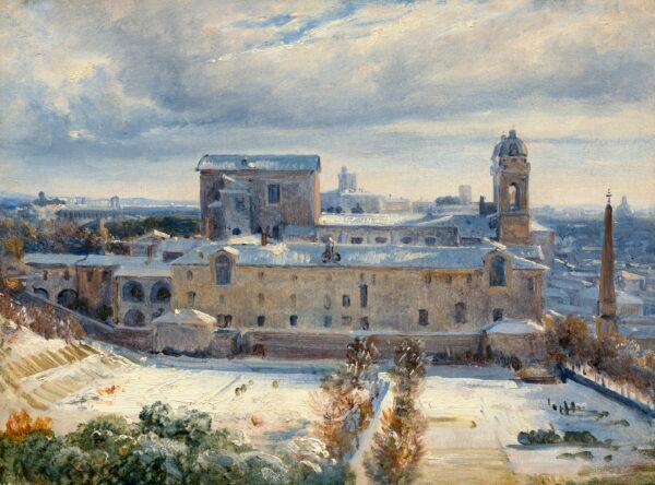 "Santa Trinità dei Monti in the Snow," 1825 or 1830, by André Giroux. Oil on paper, mounted on canvas; 8 11/16 inches by 11 13/16 inches. Chester Dale Fund. (National Gallery of Art, Washington)