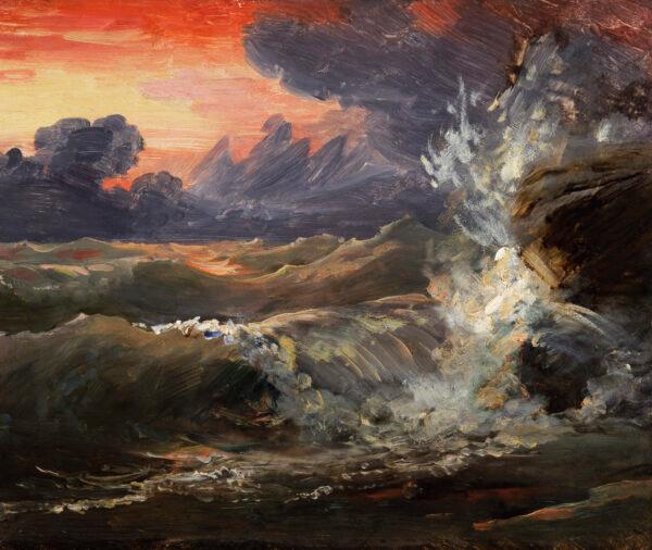 "A Study of Waves Breaking Against Rocks at Sunset," sometime between 1770 and 1837, by Baron François Gérard. Oil on millboard; 12 5/16 inches by 15 3/16 inches. (Private collection, London)