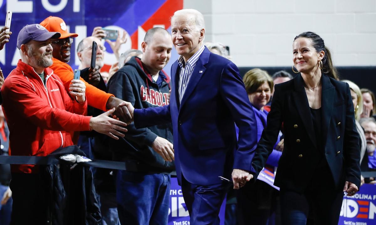 Democratic presidential candidate former Vice President Joe Biden arrives with his daughter Ashley for a campaign event in Spartanburg, S.C., on Feb. 28, 2020. (AP Photo/Matt Rourke)