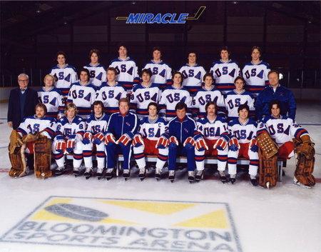 Cast of actors playing the 1980 Olympic American hockey team: players and coaches, and team doctor, in "Miracle." (Chris Large/Buena Vista Pictures Distribution/Disney)