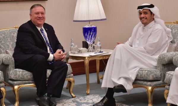 Secretary of State Mike Pompeo (L) meets with Qatar's Foreign Minister Sheikh Mohammed bin Abdulrahman Al Thani before a peace signing ceremony between the U.S. and the Taliban in Doha on Feb. 29, 2020. (Giuseppe Cacace/Pool photo via AP)