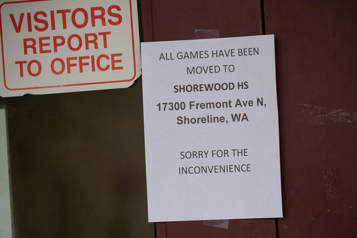 sign explaining that sports games have been moved from Henry M. Jackson High School is seen at the school in Mill Creek, Washington on Feb. 29, 2020. (David Ryder/Getty Images)