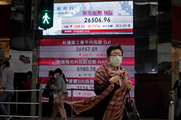 A woman walks past an electronic board showing Hong Kong share index outside a local bank in Hong Kong on Feb. 27, 2020. (Kin Cheung/AP Photo)