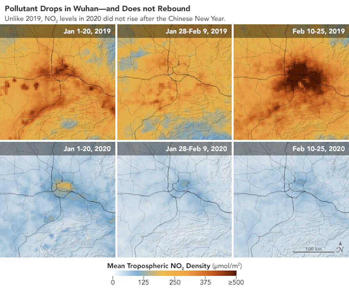 Satellite images of Wuhan, China, taken in January and February 2019 (top) and 2020 showing an absence of the usual rebound in nitrogen dioxide after the Chinese New Year. (NASA)