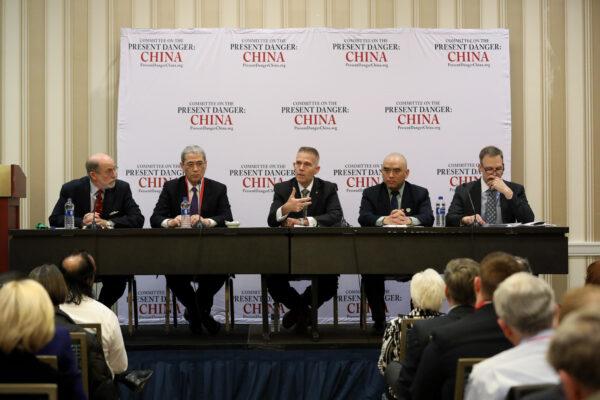 Executive chairman of the Center for Security Policy Frank Gaffney, author Gordon Chang, retired U.S. Air Force lieutenant general Steven Kwast, former US Army microbiologist Sean Lin, and Rep. Scott Perry (R-Pa.) speak at a panel titled “The Present Danger: China” at the CPAC in National Harbor, Md., on Feb. 27, 2020. (Samira Bouaou/The Epoch Times)