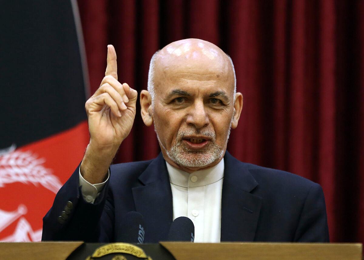 Afghan President Ashraf Ghani speaks during a news conference at the presidential palace in Kabul, Afghanistan, on March 1, 2020. (Rahmat Gul/AP Photo)