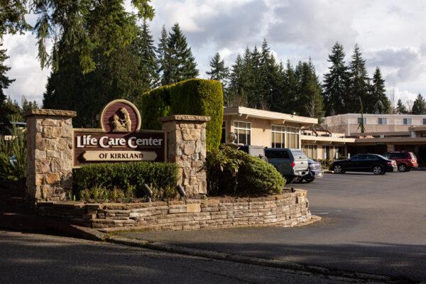 A sign is seen at the entrance to Life Care Center of Kirkland in Washington state on Feb. 29, 2020. (David Ryder/Getty Images)