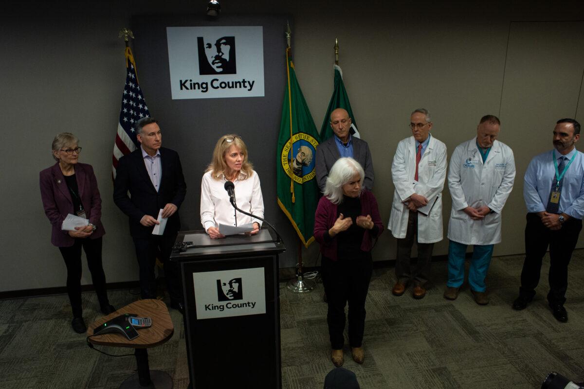 Dr. Kathy Lofy, a state health officer with the Washington State Department of Health, speaks during a press conference at Seattle and King County Public Health in Seattle, on Feb. 29, 2020. (David Ryder/Getty Images)
