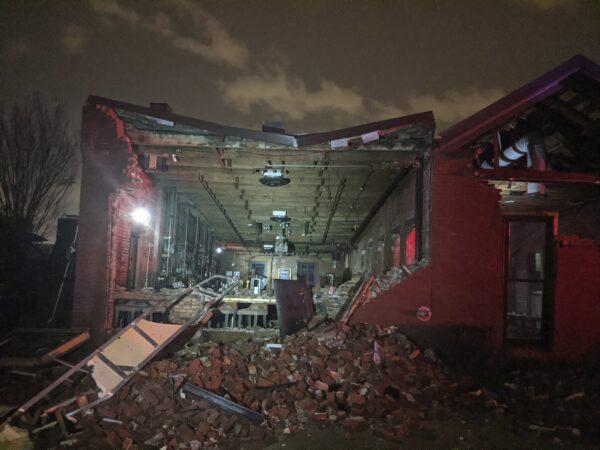 The Geist restaurant brick wall collapsed in a tornado that touched down in downtown Nashville on March 3, 2020. (Alex Carlson via AP)