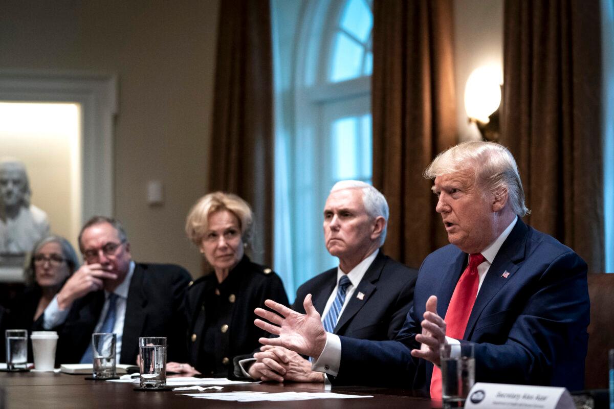 President Donald Trump (R) leads a meeting with the White House Coronavirus Task Force and pharmaceutical executives in Cabinet Room of the White House in Washington, on March 2, 2020. (Drew Angerer/Getty Images)