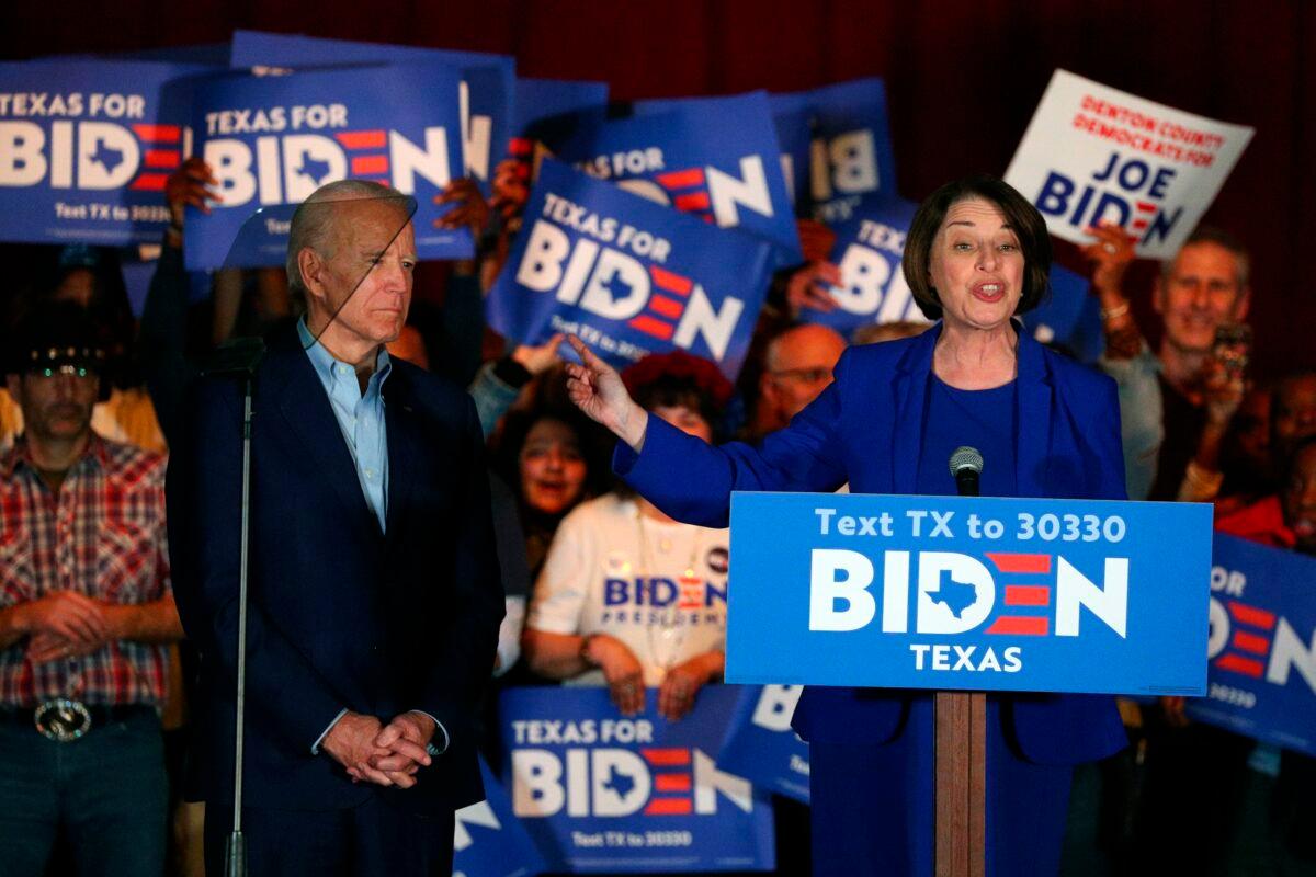 Sen. Amy Klobuchar (D-Minn.) endorses Democratic presidential candidate former Vice President Joe Biden at a campaign rally in Dallas, Texas on March 2, 2020. (Richard W. Rodriguez/AP Photo)