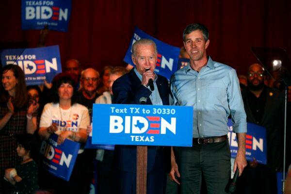 Then Democratic presidential candidate Joe Biden speaks after former Rep. Beto O'Rourke (D-Texas) endorsed him at a campaign rally in Dallas on March 2, 2020. (Richard Rodriguez/AP Photo)
