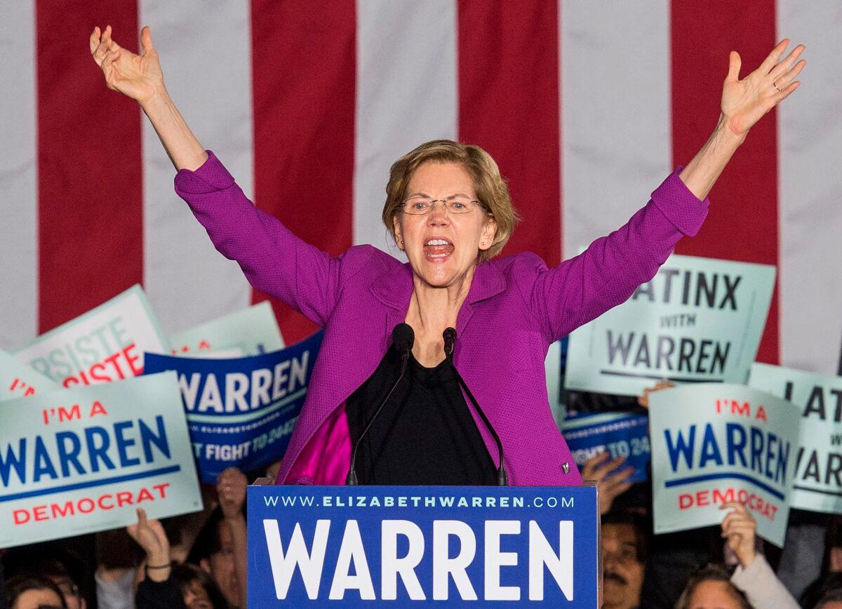 Democratic White House hopeful Sen. Elizabeth Warren (D-Mass.) speaks to her supporters during a campaign rally on the eve of the California Democratic Primary in Monterey Park, east of Los Angeles, California, on March 2, 2020. (Mark Ralston/AFP via Getty Images)