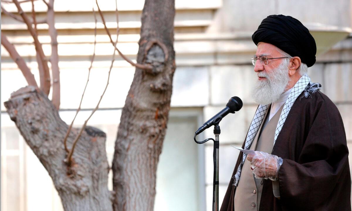 Iranian Supreme Leader Ayatollah Ali Khamenei speaks during a tree planting ceremony in Tehran, Iran, on March 3, 2020. (Office of the Iranian Supreme Leader via AP)