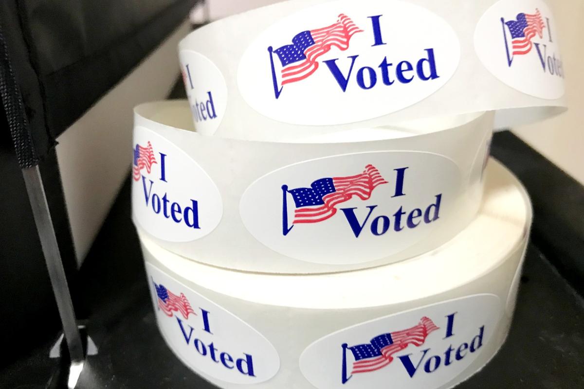 A roll of voter stickers at Santa Ana Downtown Plaza voting center in Santa Ana, California, on March 3, 2020. (Chris Karr/The Epoch Times)