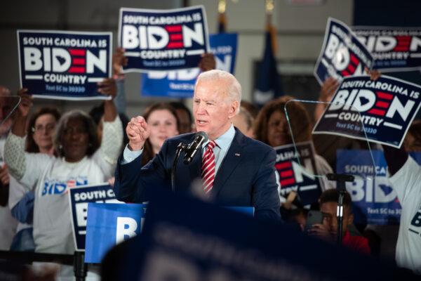 Democratic presidential candidate former Vice President Joe Biden addresses the crowd during a South Carolina campaign launch party in Columbia, South Carolina, on Feb. 11, 2020. (Sean Rayford/Getty Images)