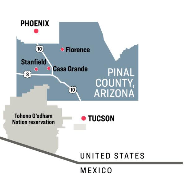 A map showing the Pinal County boundary, the U.S.–Mexico border, and the major highways in central-south Arizona. (The Epoch Times)