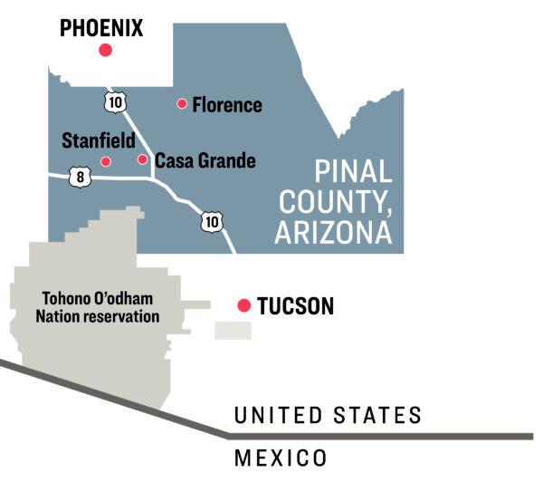 A map showing the Pinal County boundary, the U.S.–Mexico border, and the major highways in central-south Arizona. (The Epoch Times)
