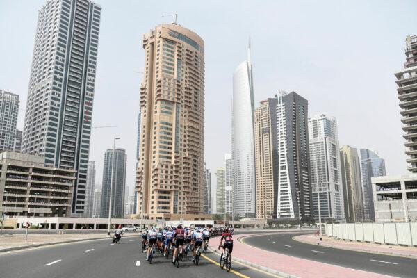The pack pedals during the fourth stage of the tour of United Arab Emirates cycling race, from Zabeel Park to Dubai City Walk, in United Arab Emirates, on Feb. 26, 2020. (Massimo Paolone/LaPresse via AP)