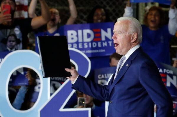 Democratic U.S. presidential candidate and former Vice President Joe Biden appears at his Super Tuesday night rally in Los Angeles, California, U.S., March 3, 2020. (Reuters/Mike Blake)